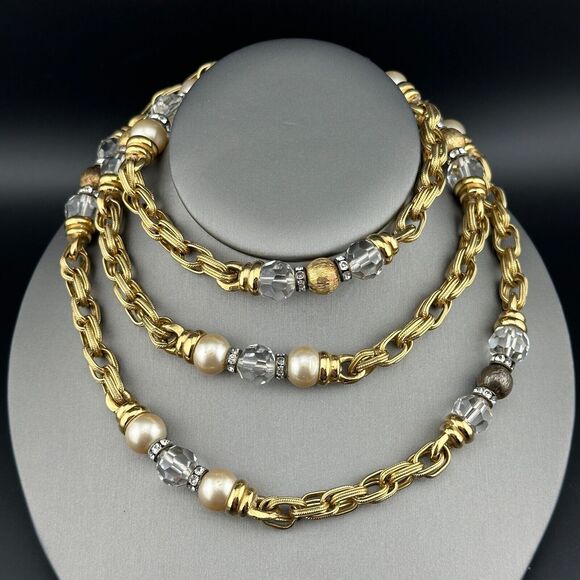 Heavy Vintage Gold Plated Chain Necklace Faux Pearl Crystal Beads Rhinestone 22" - Picture 4 of 11